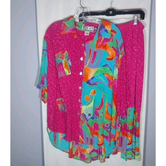 BOP 2 PC Maxi Dress Sz 1X Colorful Art To Wear Boho Beaded Button Up Tunic Top - Picture 1 of 10